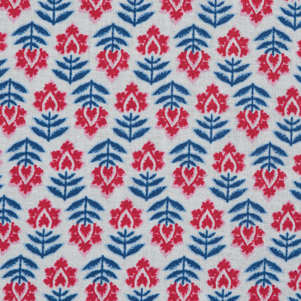 Red, White and Blue Floral Cotton Voile - Detail