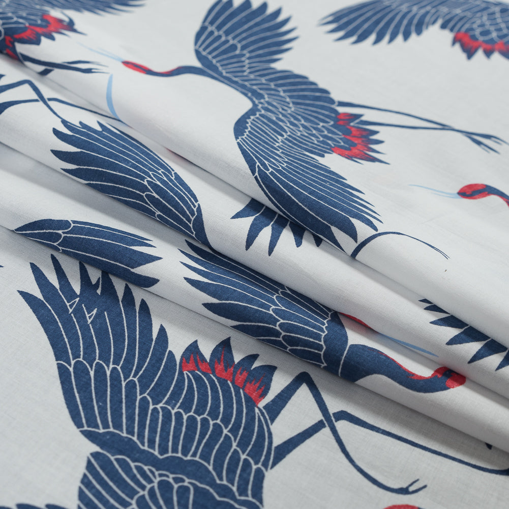 Navy, Red and White Crane Printed Cotton Voile Detail