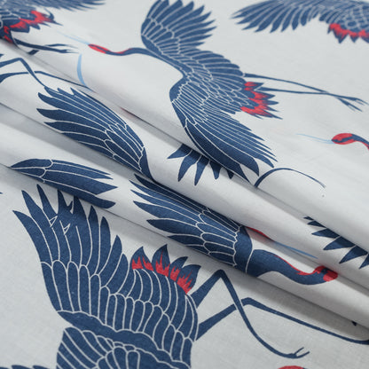 Navy, Red and White Crane Printed Cotton Voile Detail
