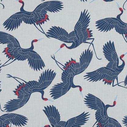Navy, Red and White Crane Printed Cotton Voile