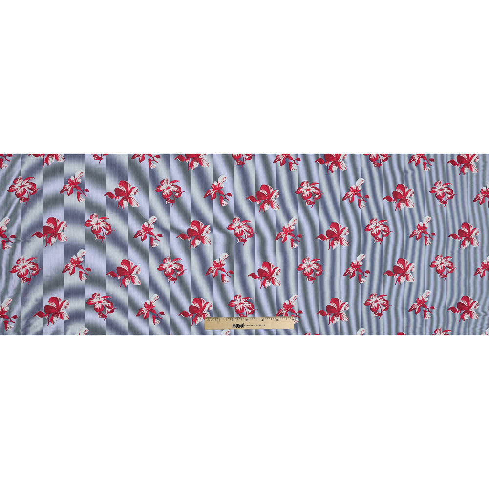 Red and Blue Floral Striped Cotton Poplin - Folded