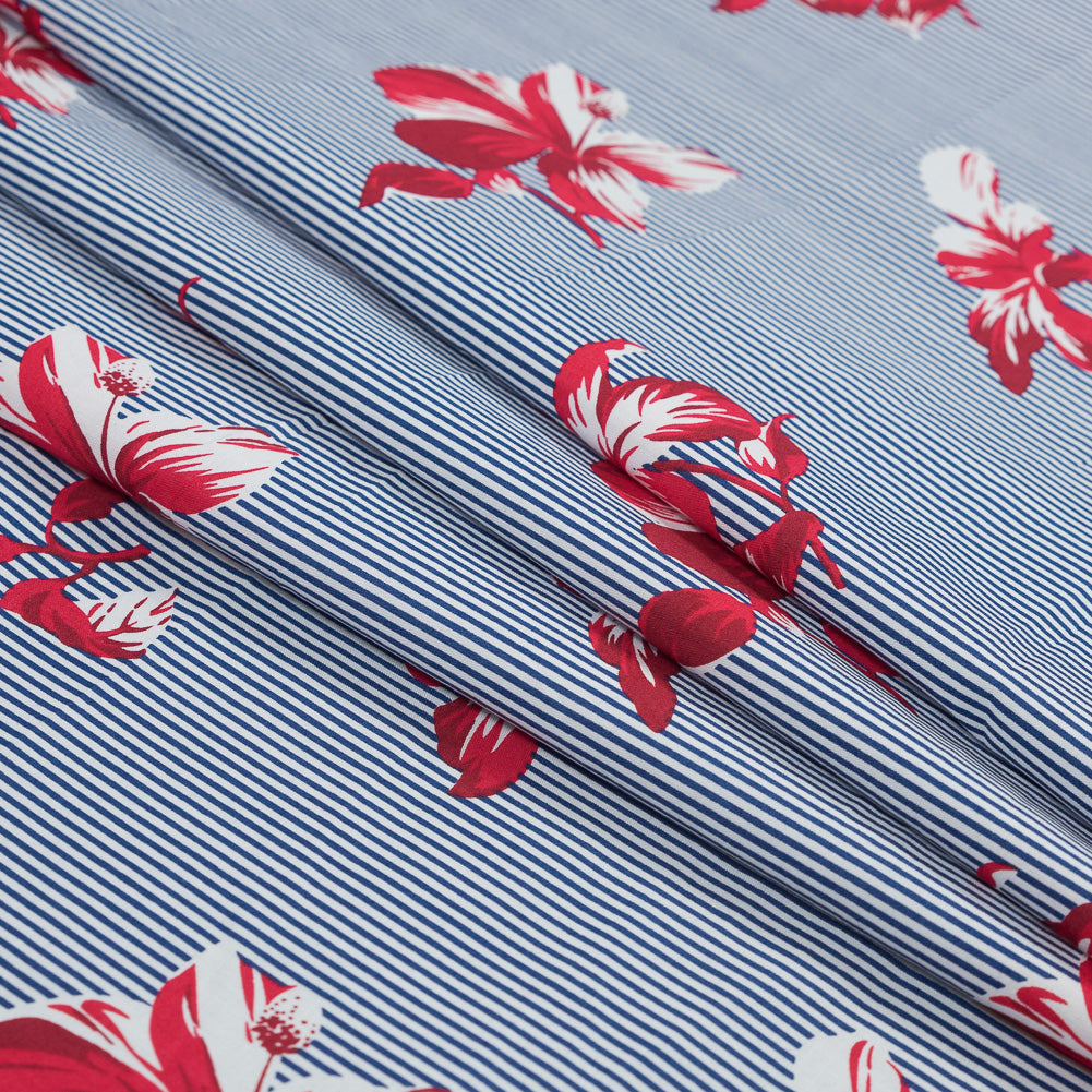 Red and Blue Floral Striped Cotton Poplin - Detail