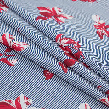 Red and Blue Floral Striped Cotton Poplin - Detail