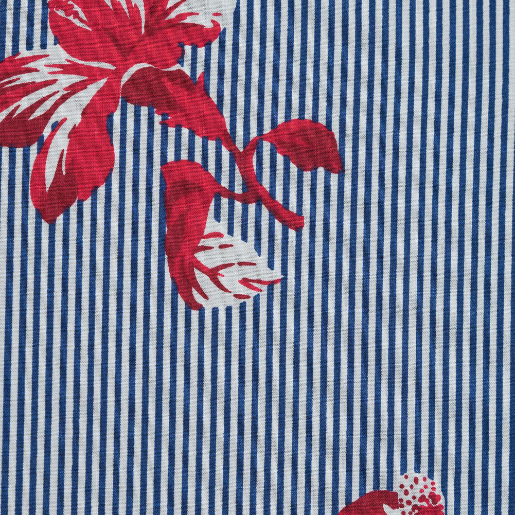 Red and Blue Floral Striped Cotton Poplin - Full