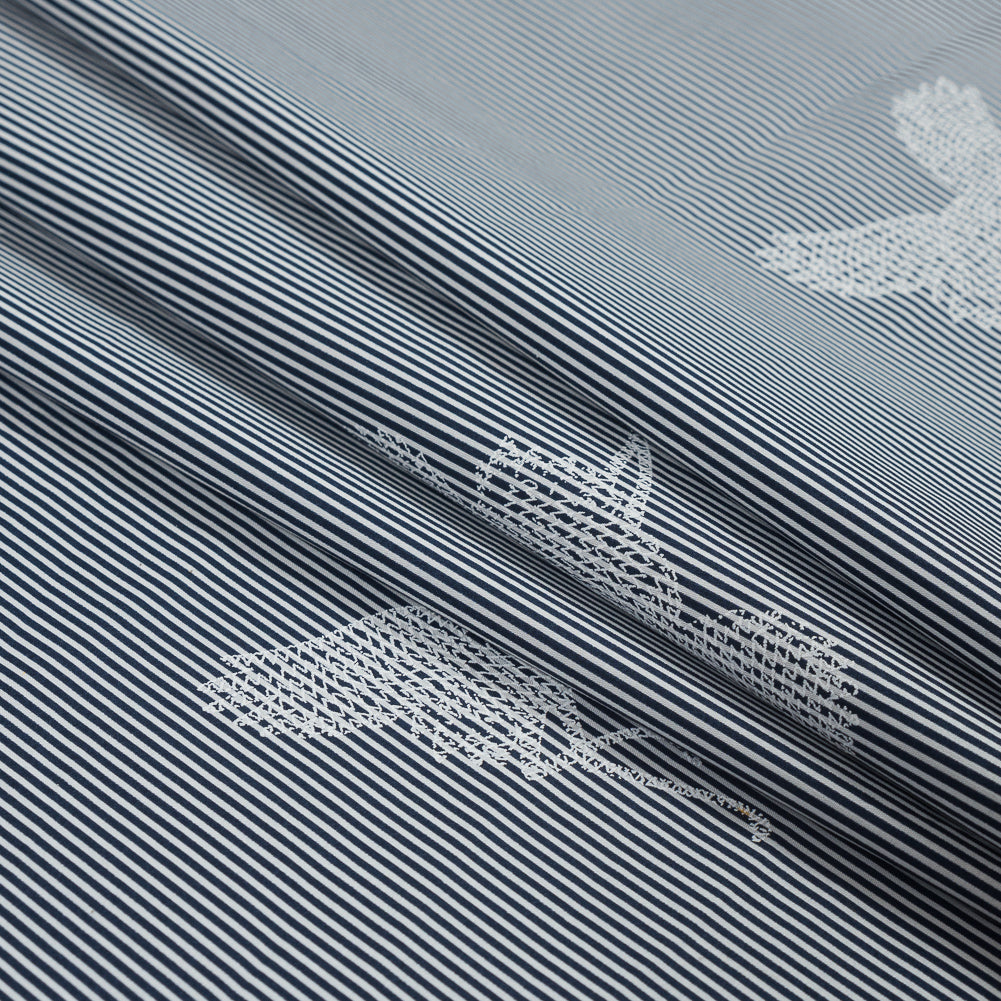 Navy and White Striped Cotton Poplin with Cranes Detail