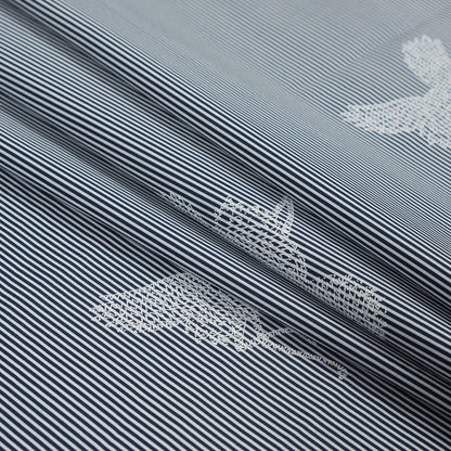 Navy and White Striped Cotton Poplin with Cranes Detail