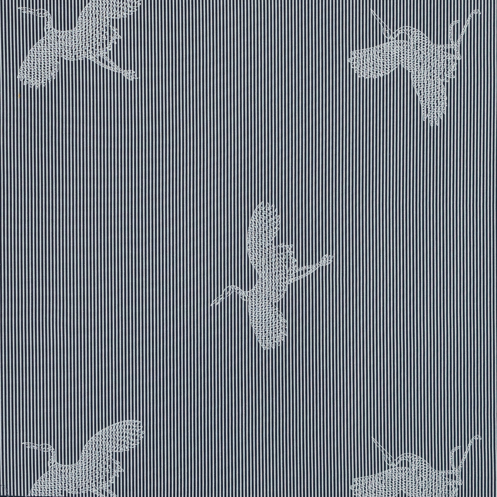 Navy and White Striped Cotton Poplin with Cranes