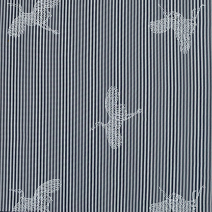 Navy and White Striped Cotton Poplin with Cranes