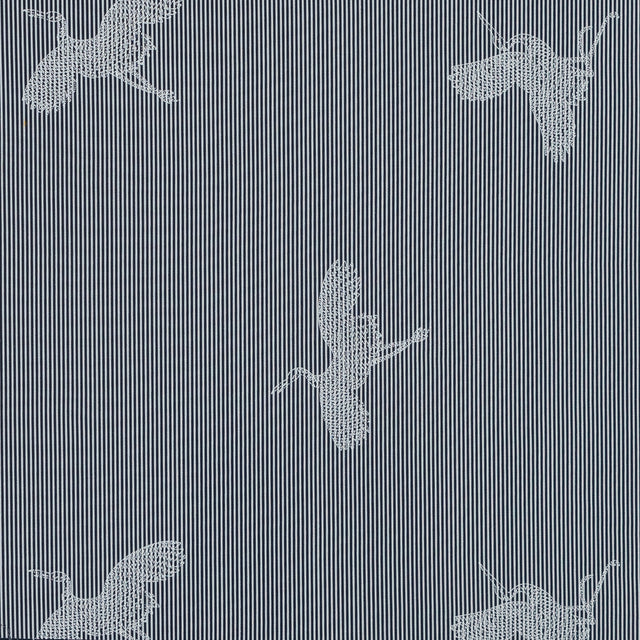 Navy and White Striped Cotton Poplin with Cranes