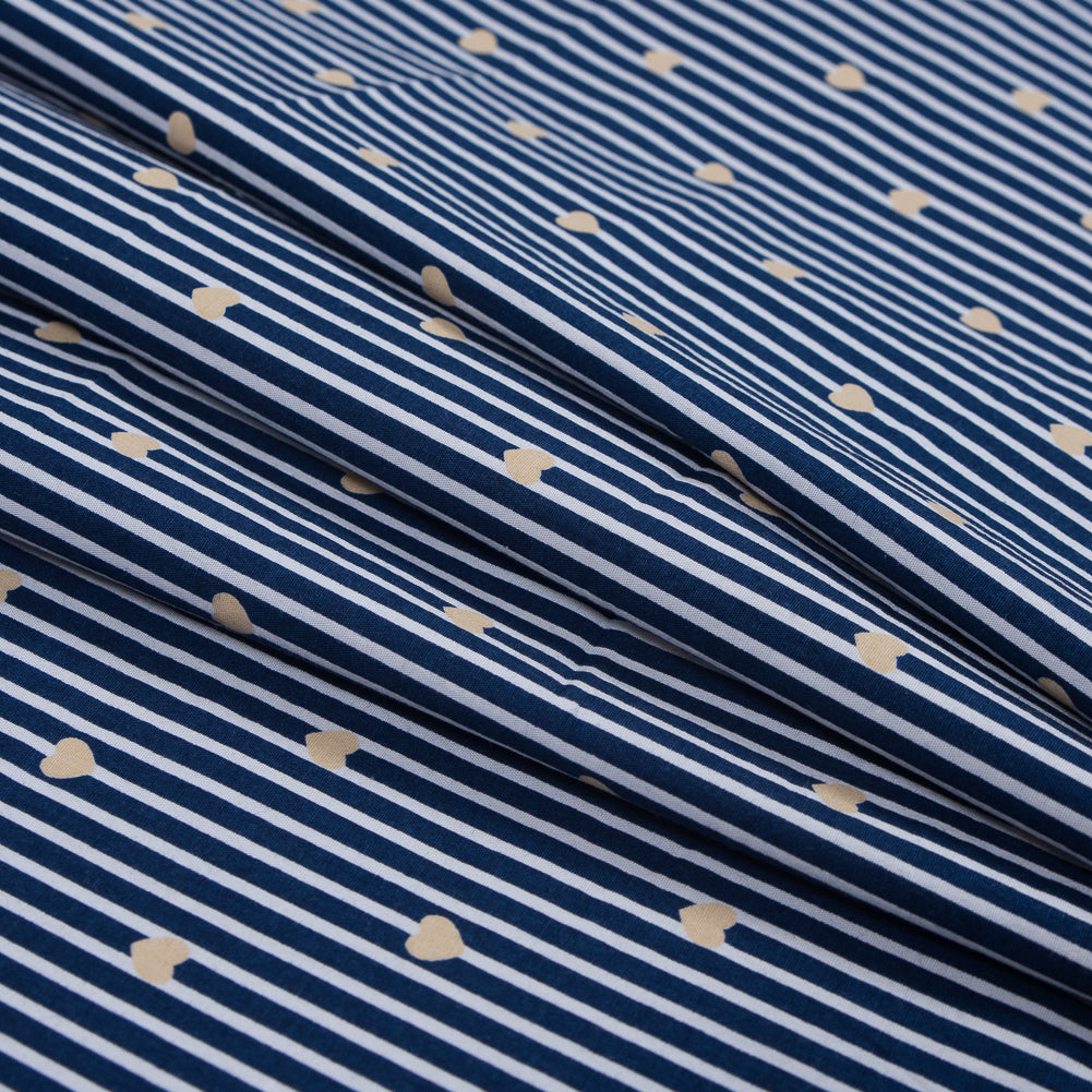 Yellow, White and Blue Hearts and Stripes Stretch Cotton Poplin Folded