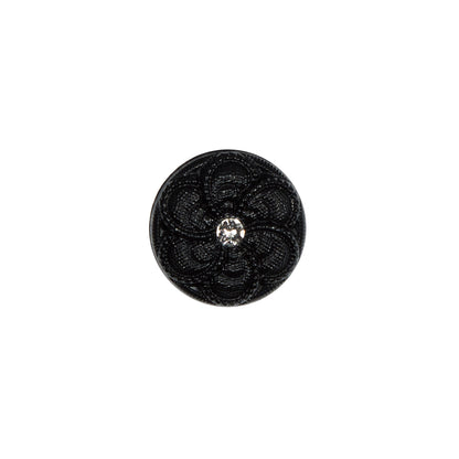 Italian Black Floral Nylon Button with Rhinestone Core - 20L/12mm