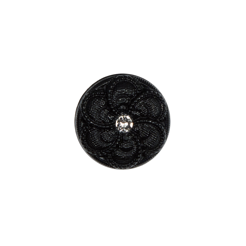Italian Black Floral Nylon Button with Rhinestone Core - 24L/15mm