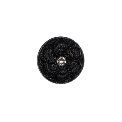 Italian Black Floral Nylon Button with Rhinestone Core - 24L/15mm