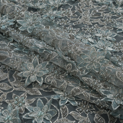 Aqua 3D Floral Beaded and Embroidered Tulle - Detail