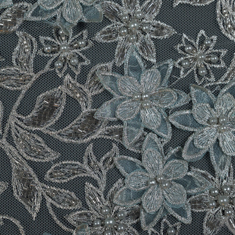 Aqua 3D Floral Beaded and Embroidered Tulle - Full