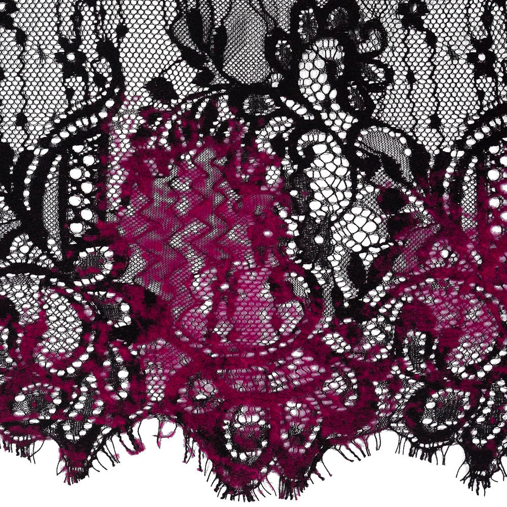 Italian Black and Magenta Flocked Lace Trim - 8 - Detail