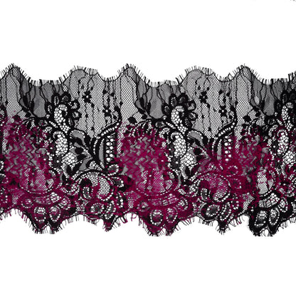 Italian Black and Magenta Flocked Lace Trim - 8