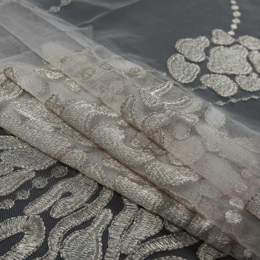 Metallic Pale Gold and Off-White Abstract Embroidery on Pink Mesh - Detail