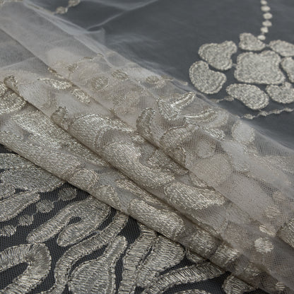 Metallic Pale Gold and Off-White Abstract Embroidery on Pink Mesh - Detail