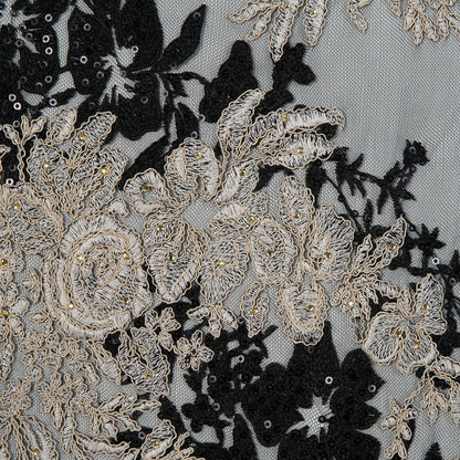 Corded Embroidered Mesh with Sequins - Black and Beige Floral Detail