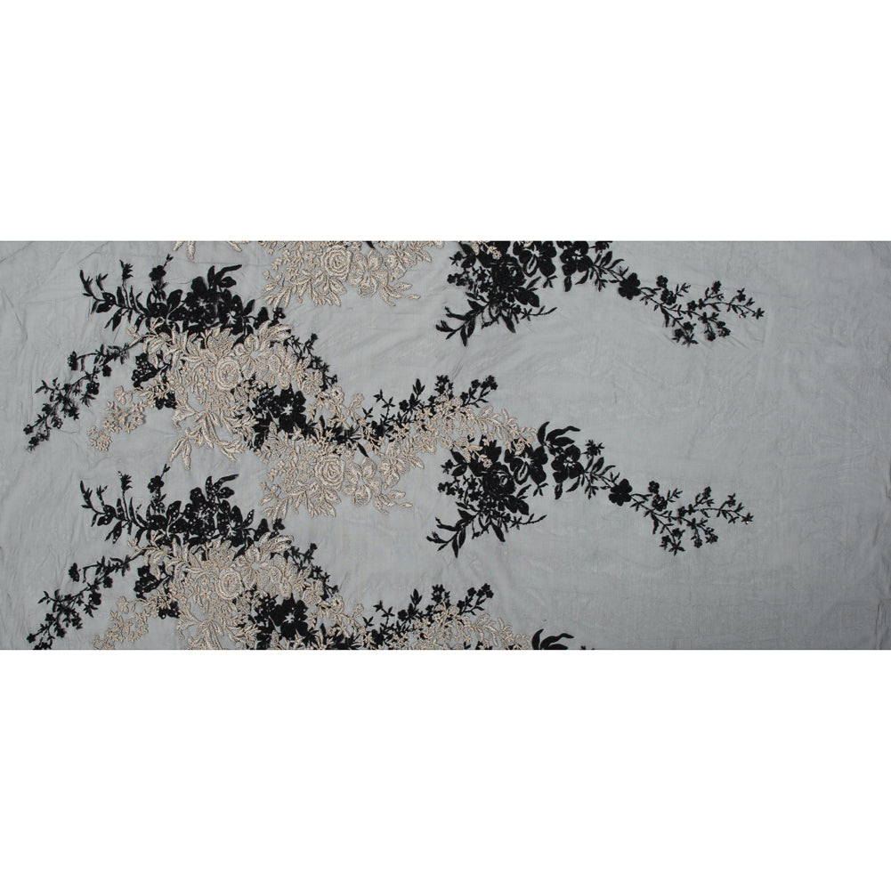 Corded Embroidered Mesh with Sequins - Black and Beige Floral Full