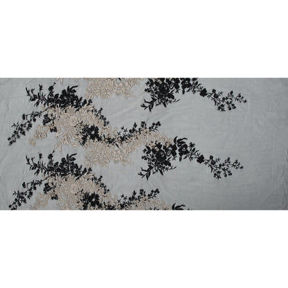 Corded Embroidered Mesh with Sequins - Black and Beige Floral Full