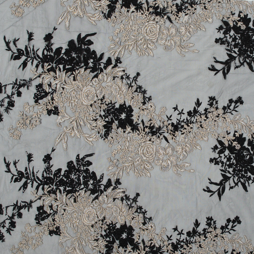 Corded Embroidered Mesh with Sequins - Black and Beige Floral