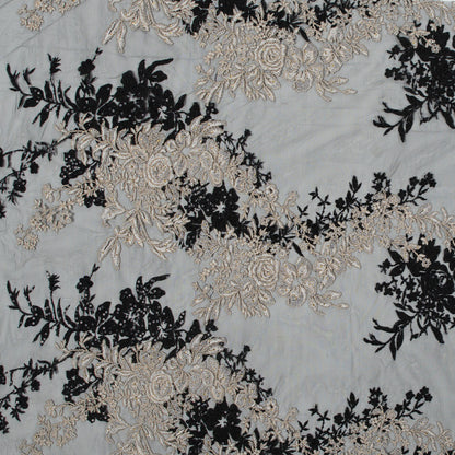 Corded Embroidered Mesh with Sequins - Black and Beige Floral