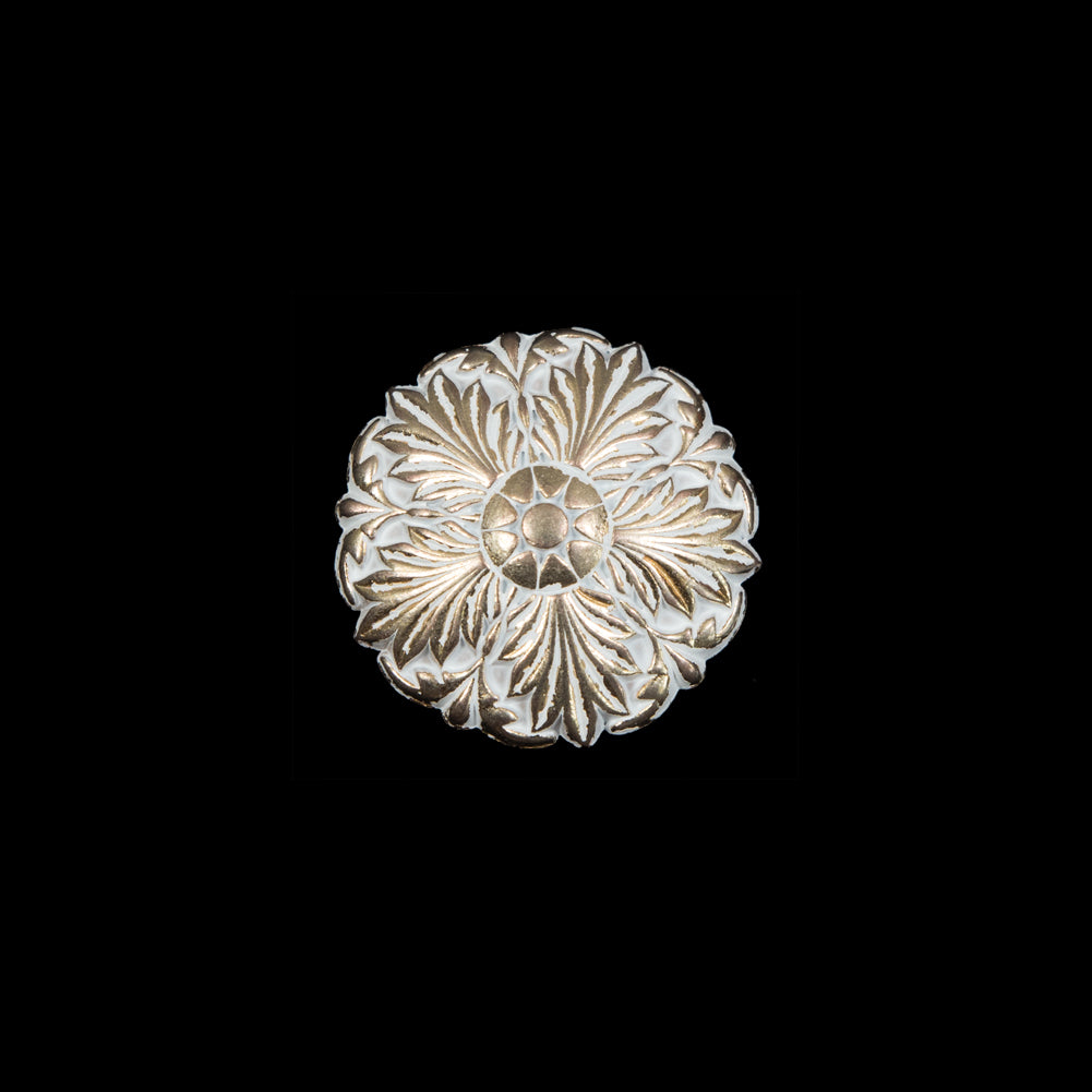 Italian White and Gold Floral Metal Shank Back Button - 24L/15mm