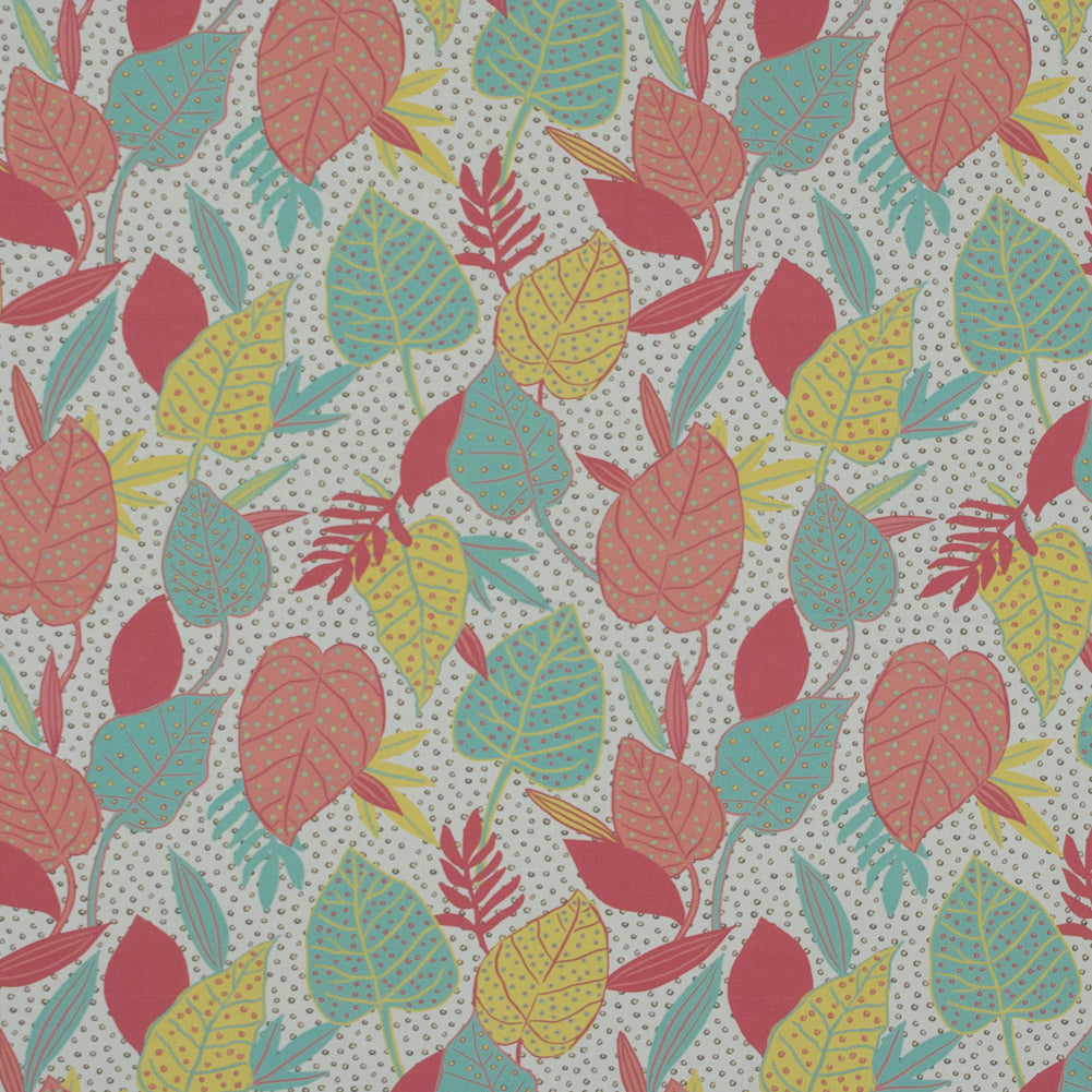 Cotton Poplin - White and Green Leaves and Dots - Botanique a La Discotheque Print - Mood Exclusive Avenable Collection