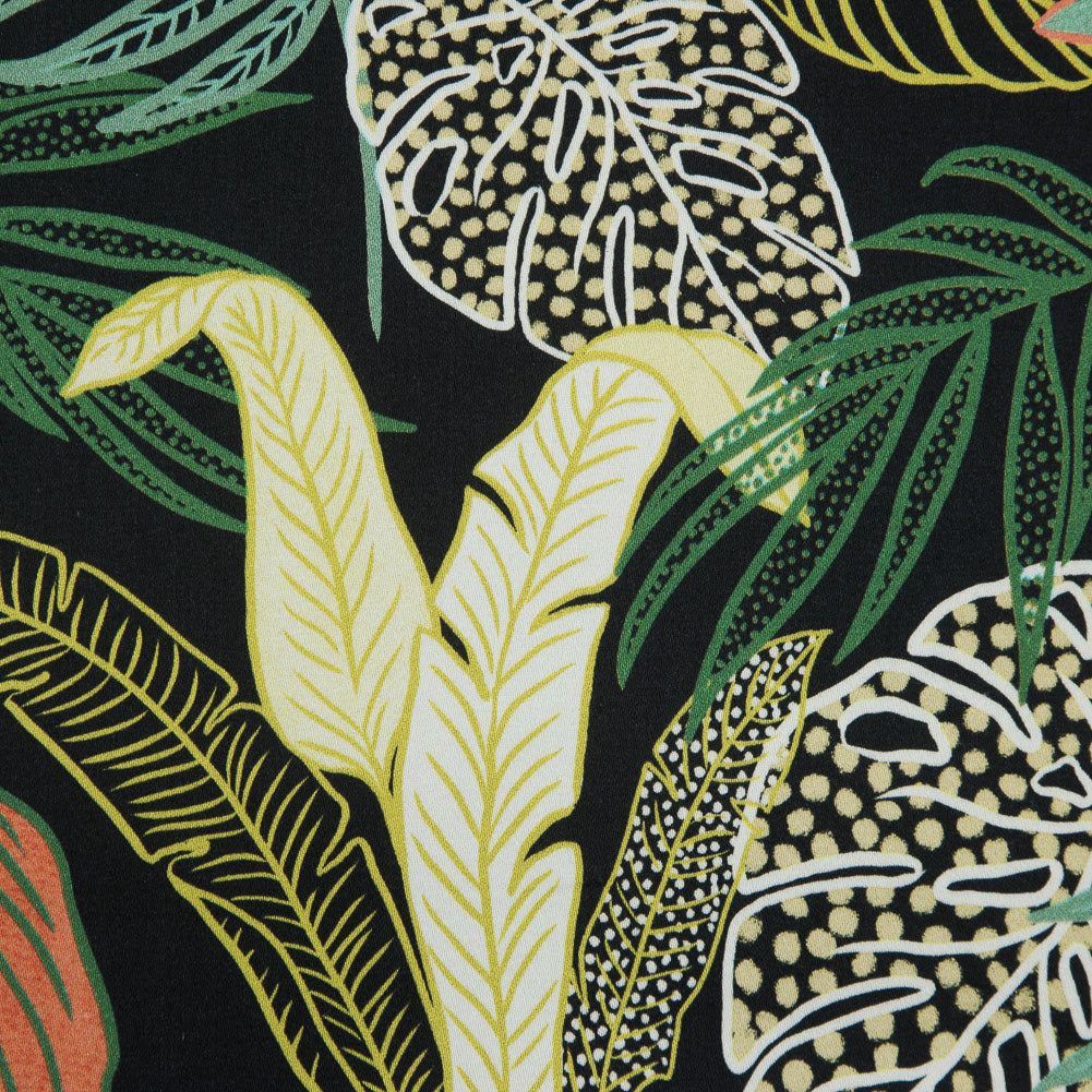 Stretch Cotton Sateen - Black and Green Leaves - Tropikaj Lumoj Print - Mood Exclusive Avenable Collection Detail