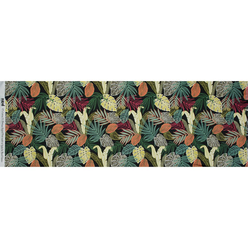 Stretch Cotton Sateen - Black and Green Leaves - Tropikaj Lumoj Print - Mood Exclusive Avenable Collection Full