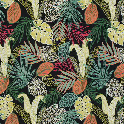 Stretch Cotton Sateen - Black and Green Leaves - Tropikaj Lumoj Print - Mood Exclusive Avenable Collection