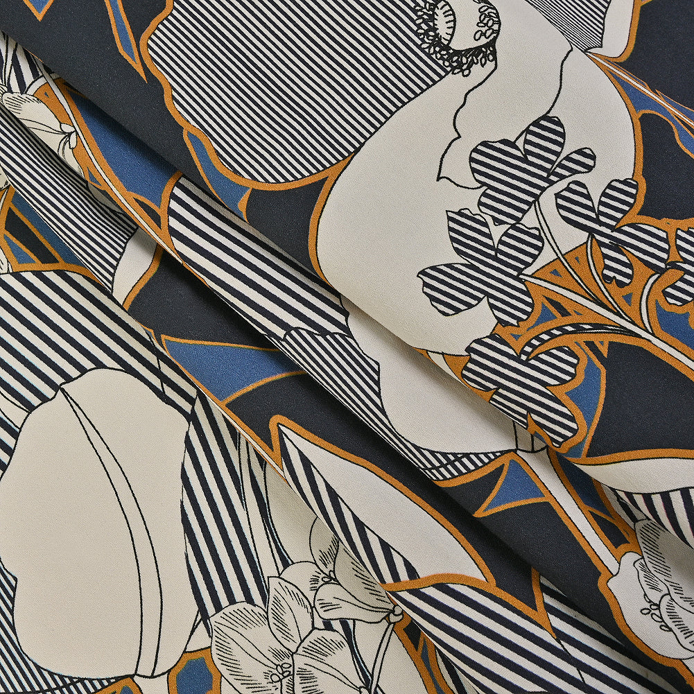 Mood Exclusive Fleurs de Nuit Navy and Mustard Stretch Cotton Sateen - Folded