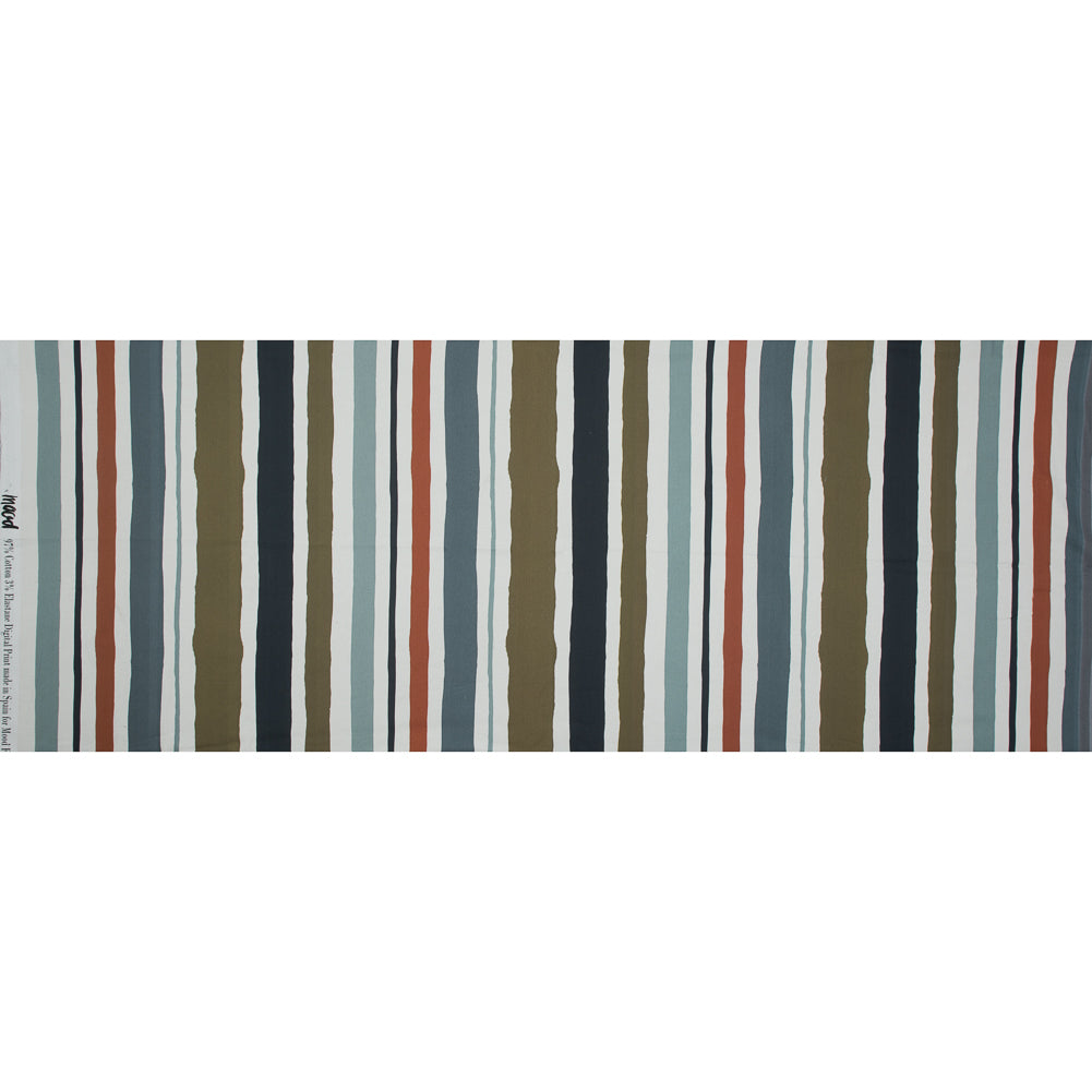 Stretch Cotton Sateen - Blue and Olive Painted Stripes - Cool Meridians Print - Mood Exclusive Avenable Collection Folded