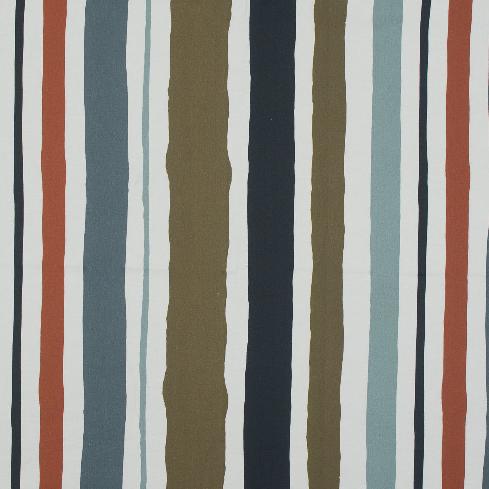 Stretch Cotton Sateen - Blue and Olive Painted Stripes - Cool Meridians Print - Mood Exclusive Avenable Collection