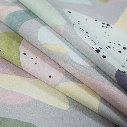 Stretch Cotton Sateen - Silver and Multicolor Abstract Spots - Dappled Duende Print - Mood Exclusive Avenable Collection Detail