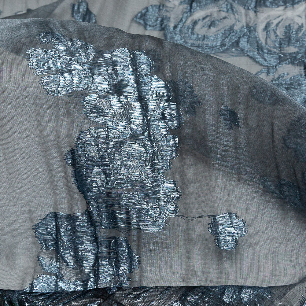 Metallic Powder Blue Silver Luxury Floral Burnout Brocade - Detail