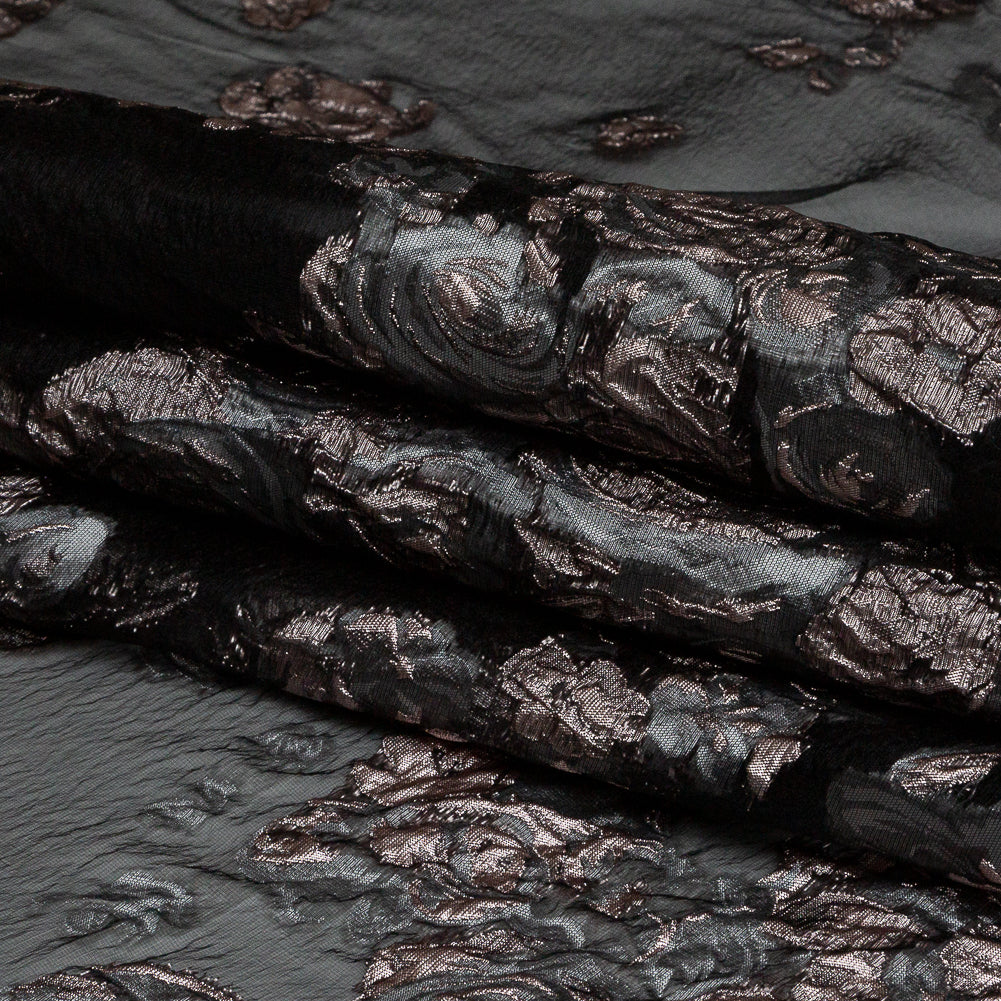 Black and Metallic Pink Luxury Floral Burnout Brocade - Folded