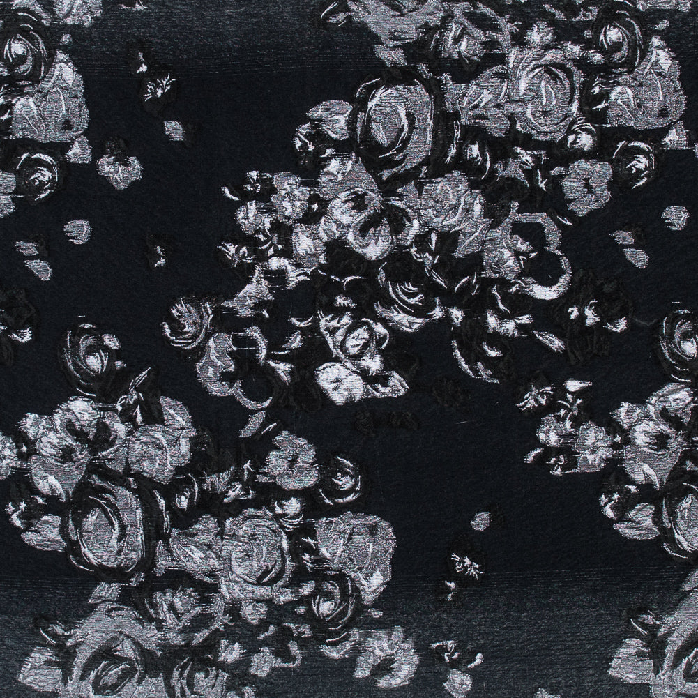 Black and Metallic Silver Luxury Floral Burnout Brocade