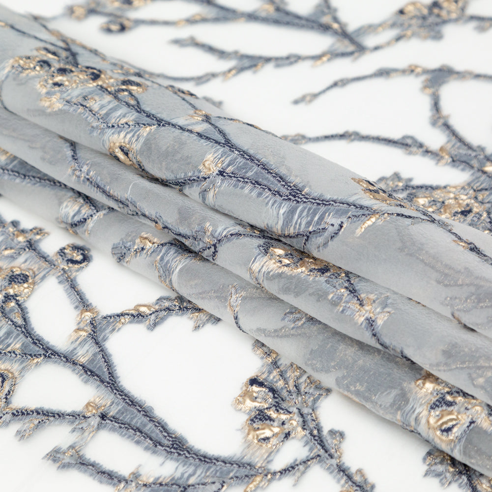 Navy and Metallic Gold Luxury Floral Burnout Brocade - Detail