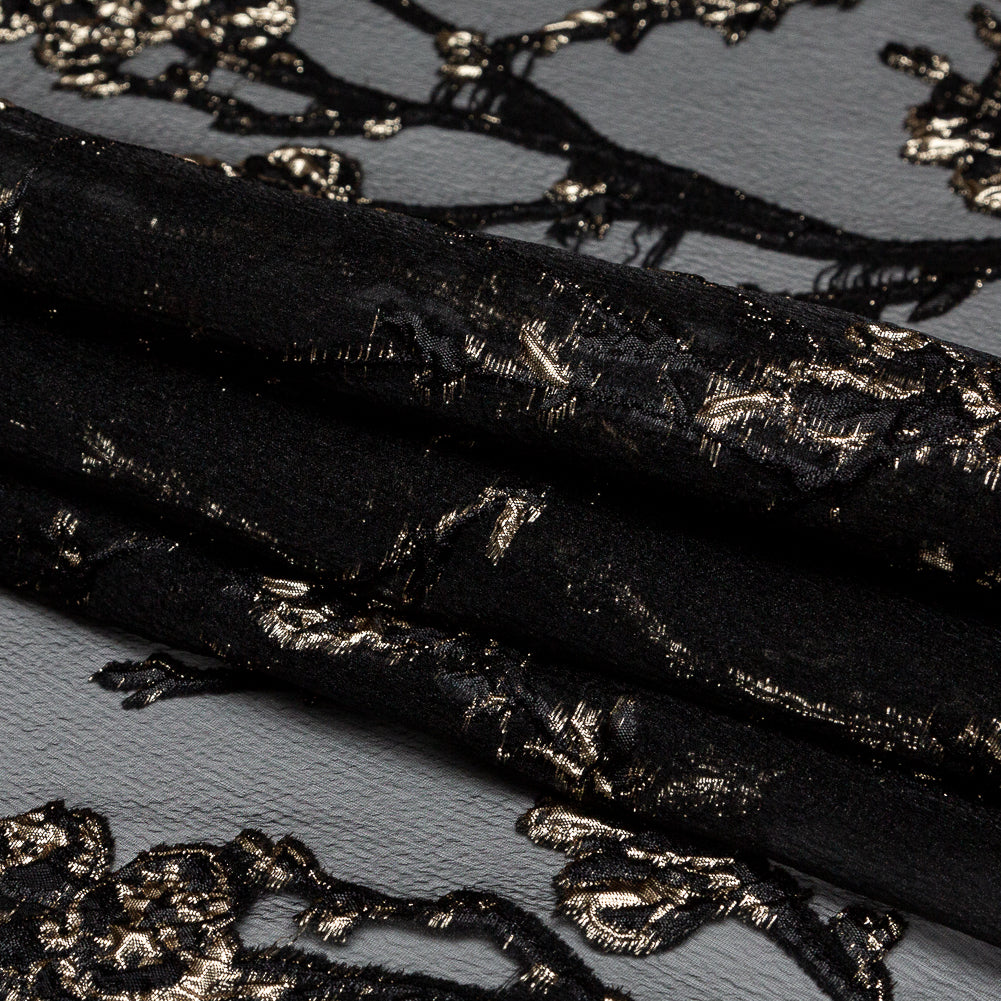 Black and Metallic Gold Luxury Floral Burnout Brocade - Folded
