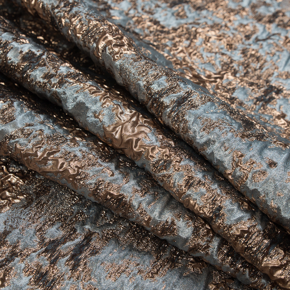 Stone Blue and Antique Gold Luxury Abstract Metallic Brocade Detail