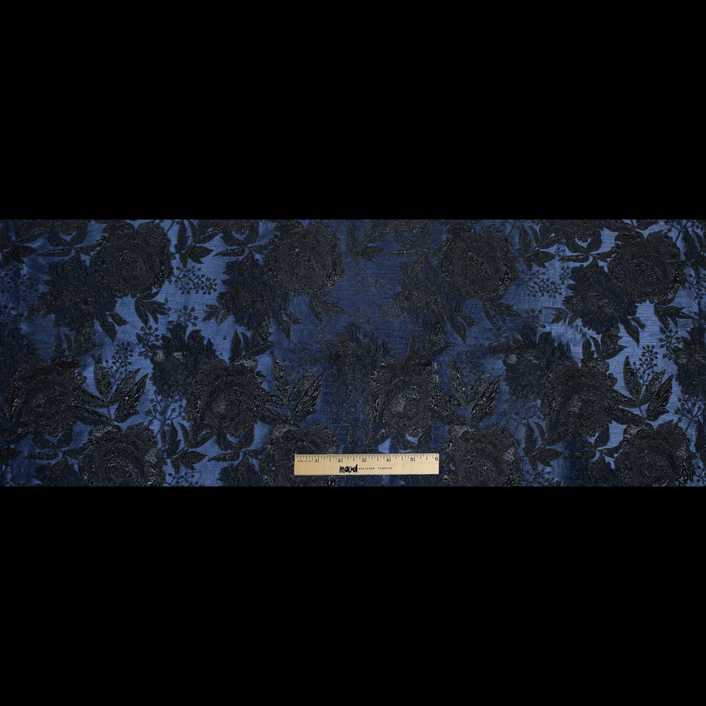 Blue and Black Luxury Floral Metallic Brocade - Folded