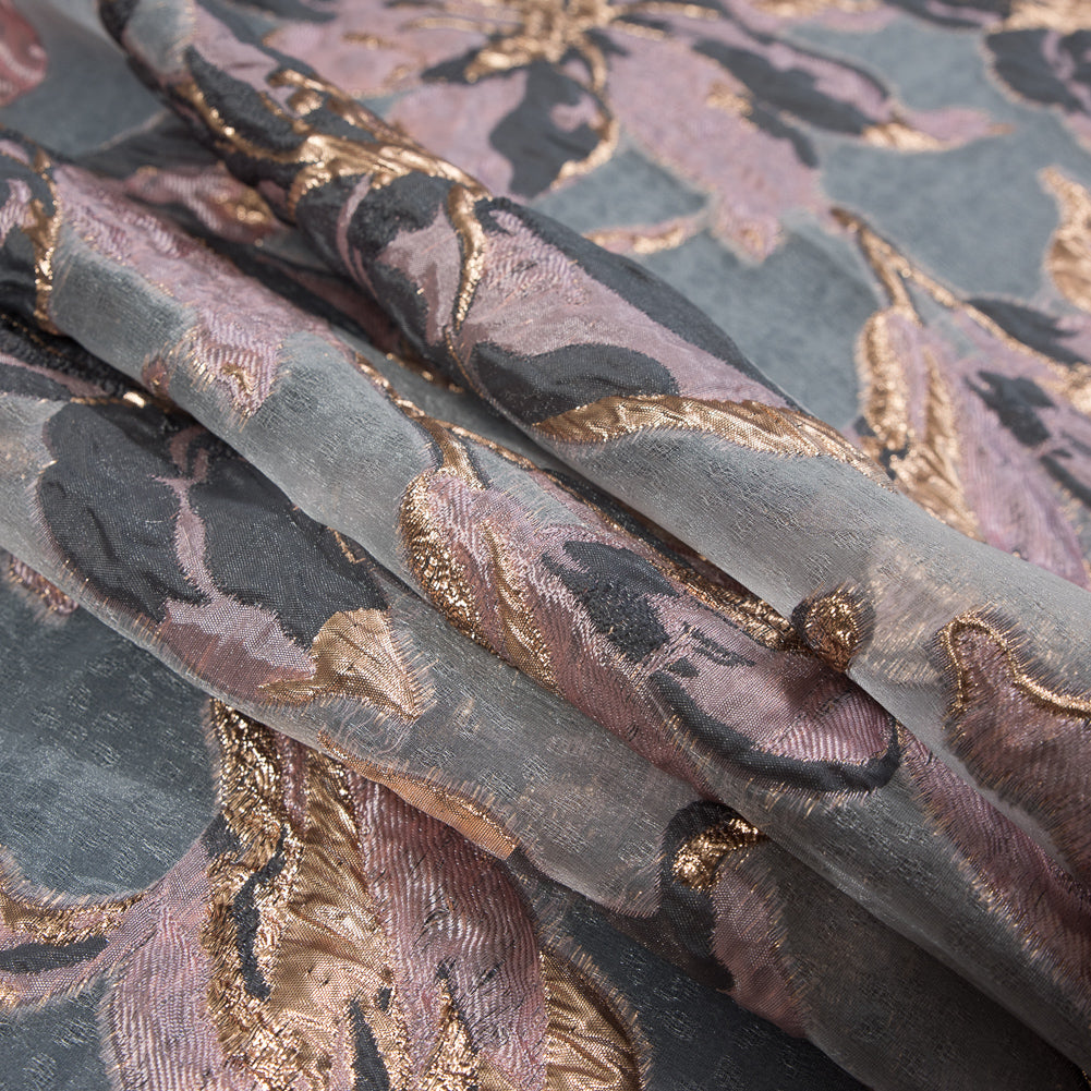 Mauve, Gray and Metallic Gold Luxury Floral Burnout Brocade - Detail