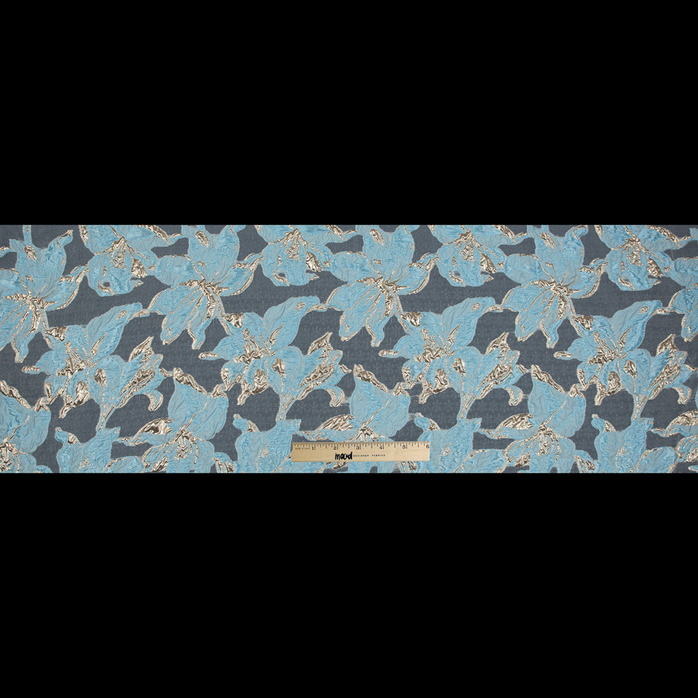 Sky Blue and Metallic Gold Luxury Floral Burnout Brocade - Folded