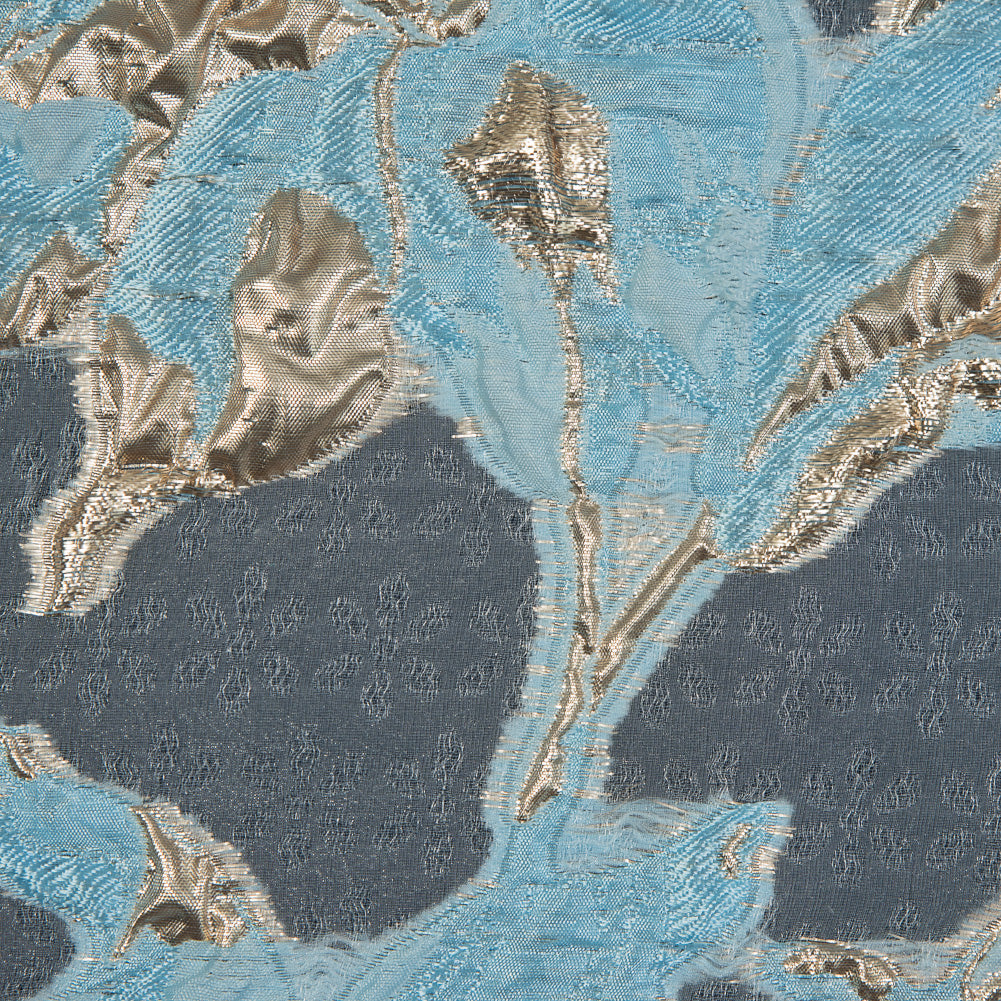 Sky Blue and Metallic Gold Luxury Floral Burnout Brocade - Full