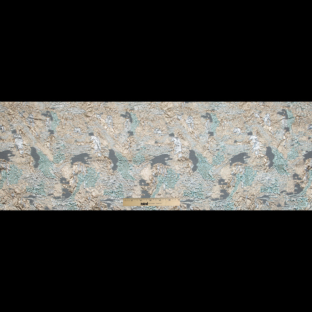 Aqua and Metallic Gold Luxury Abstract Burnout Brocade - Folded