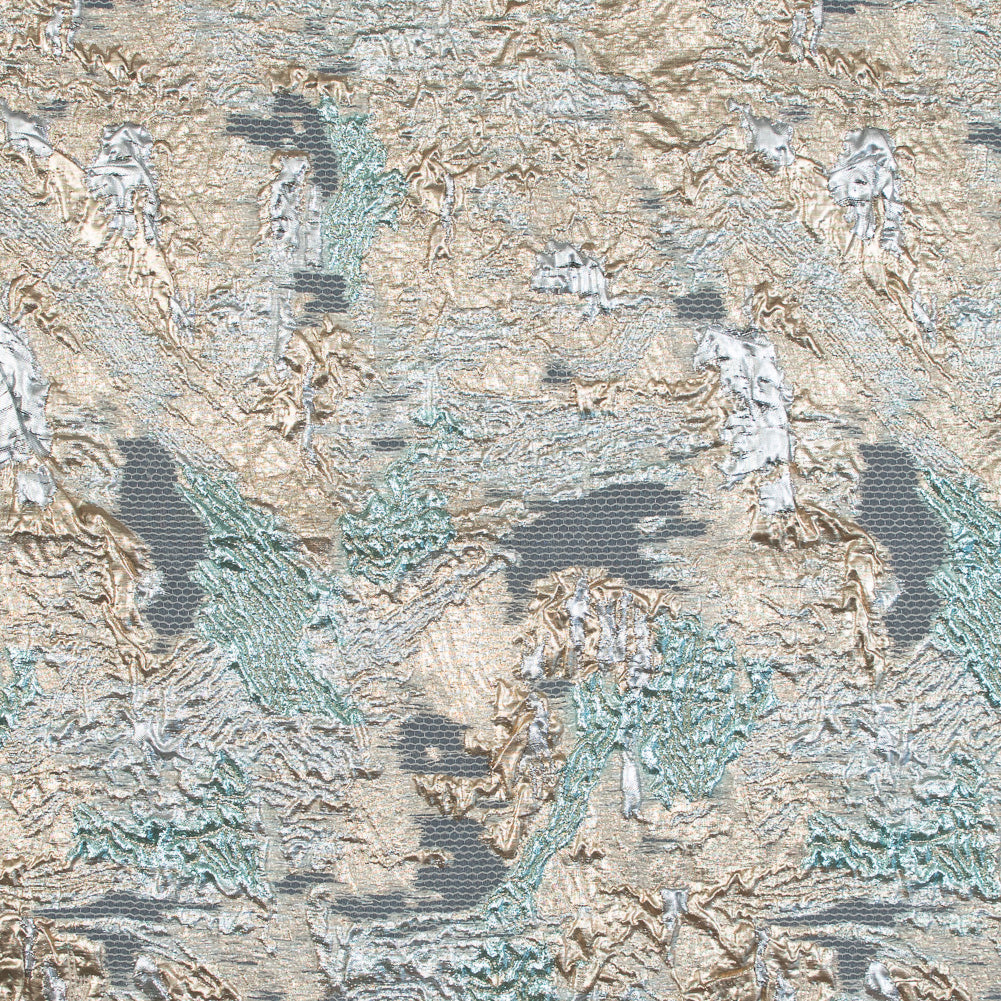 Aqua and Metallic Gold Luxury Abstract Burnout Brocade