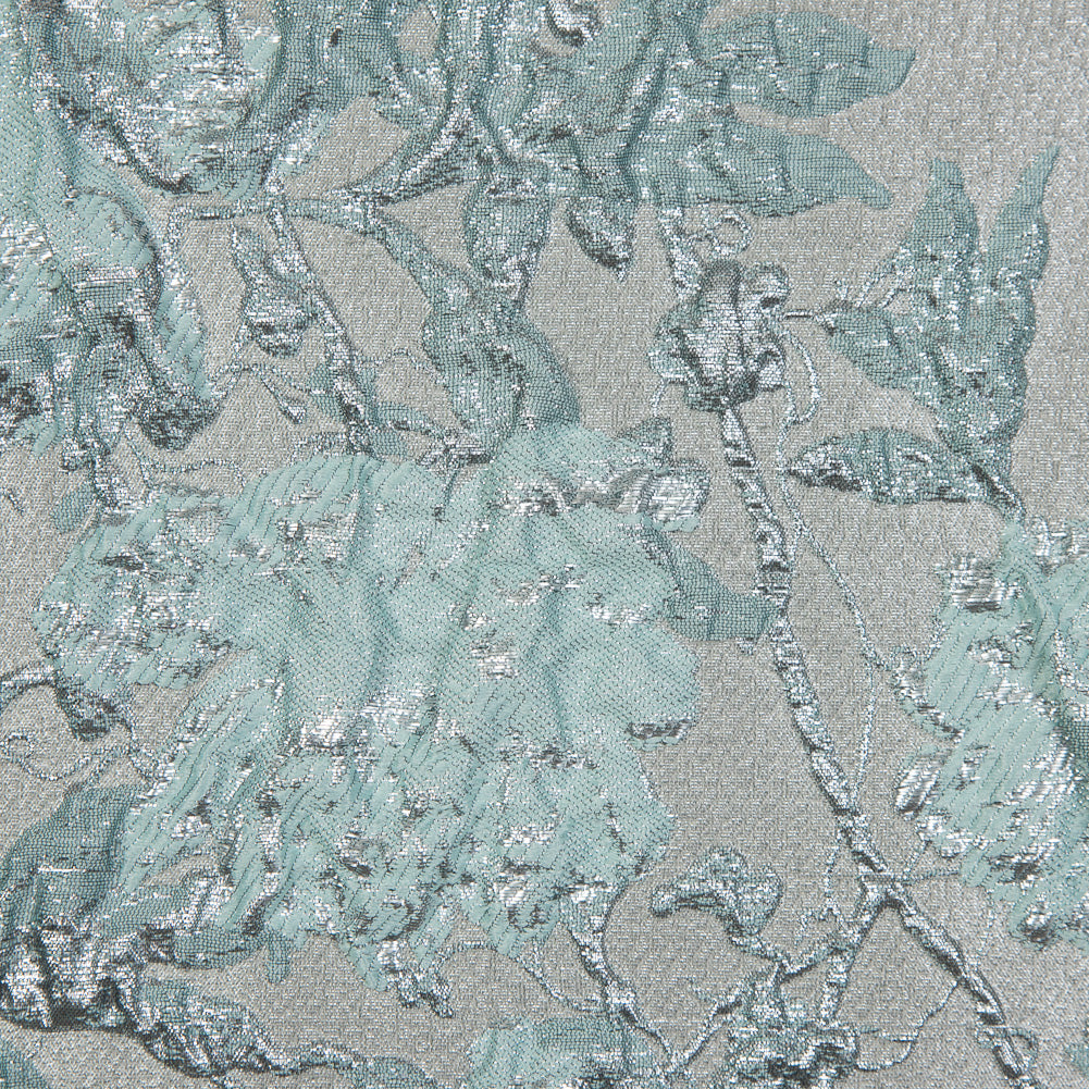 Pale Gold and Seafoam Blue Luxury Floral Metallic Brocade - Detail